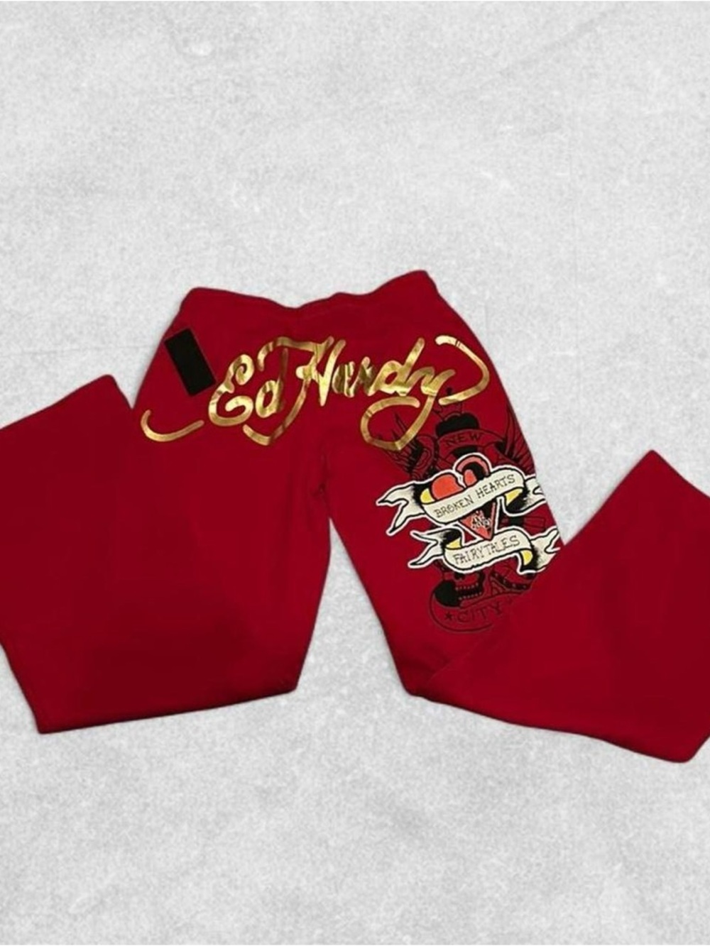 Ed Hardy Red Sweatpants with Gold Script and Tattoo Graphic